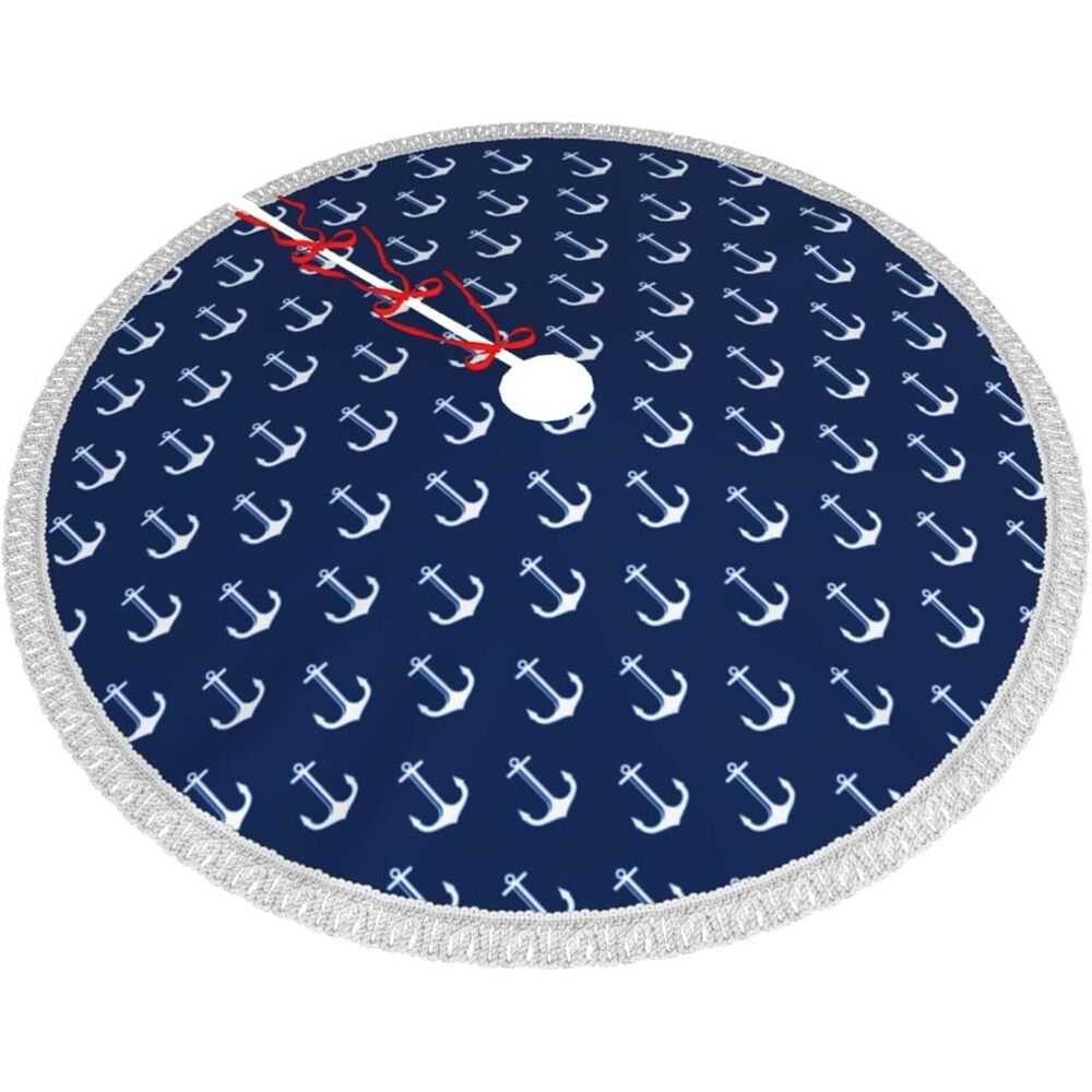 Navy Blue Nautical Anchor White Tassel Edge Rustic Christmas Tree Skirt 30"